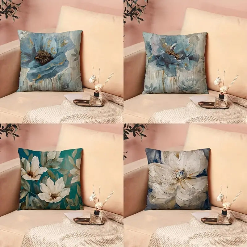 4pcs Floral Linen Throw Pillowcases for Sofa 17.7in