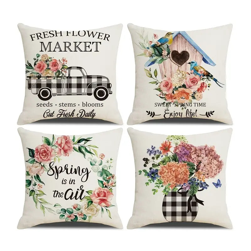 4pcs Floral Bloom Print Throw Pillow Cases for Decor