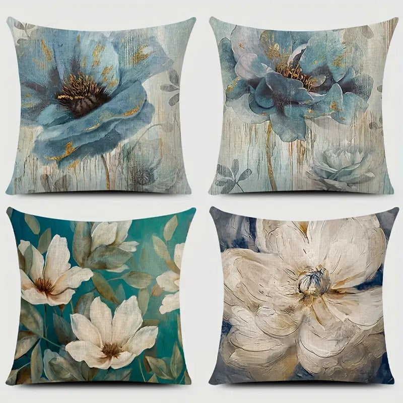 4pcs Floral Linen Throw Pillowcases for Sofa 17.7in