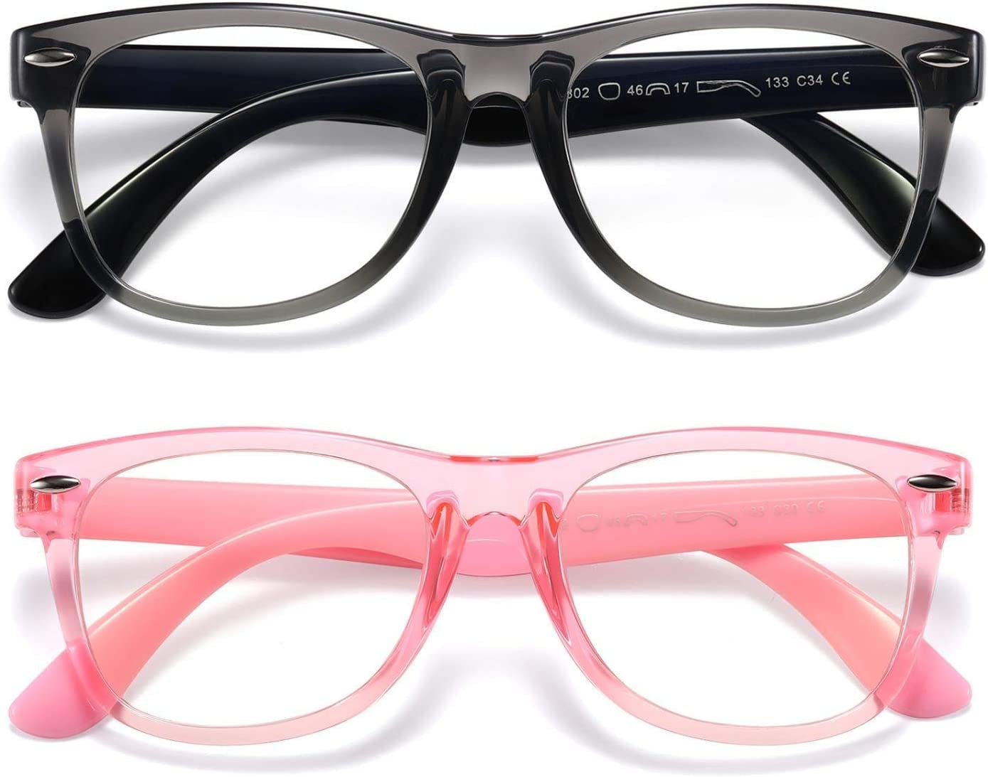 Kids Blue Light Blocking Glasses Girls Boys 2 Pack, Computer Video Gaming Glasses for Kids Girls Boys Age 3-9,Anti Blue Light & Headache (Transparent Black + Transparent Pink)