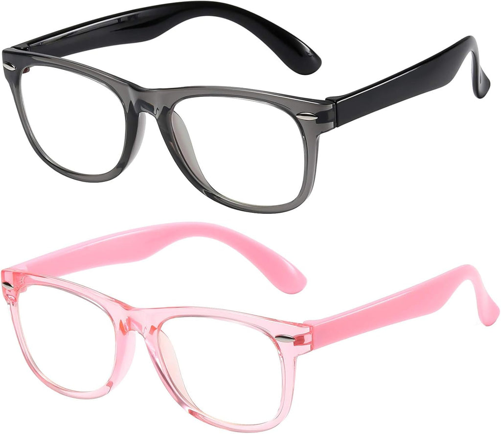 Kids Blue Light Blocking Glasses Girls Boys 2 Pack, Computer Video Gaming Glasses for Kids Girls Boys Age 3-9,Anti Blue Light & Headache (Transparent Black + Transparent Pink)