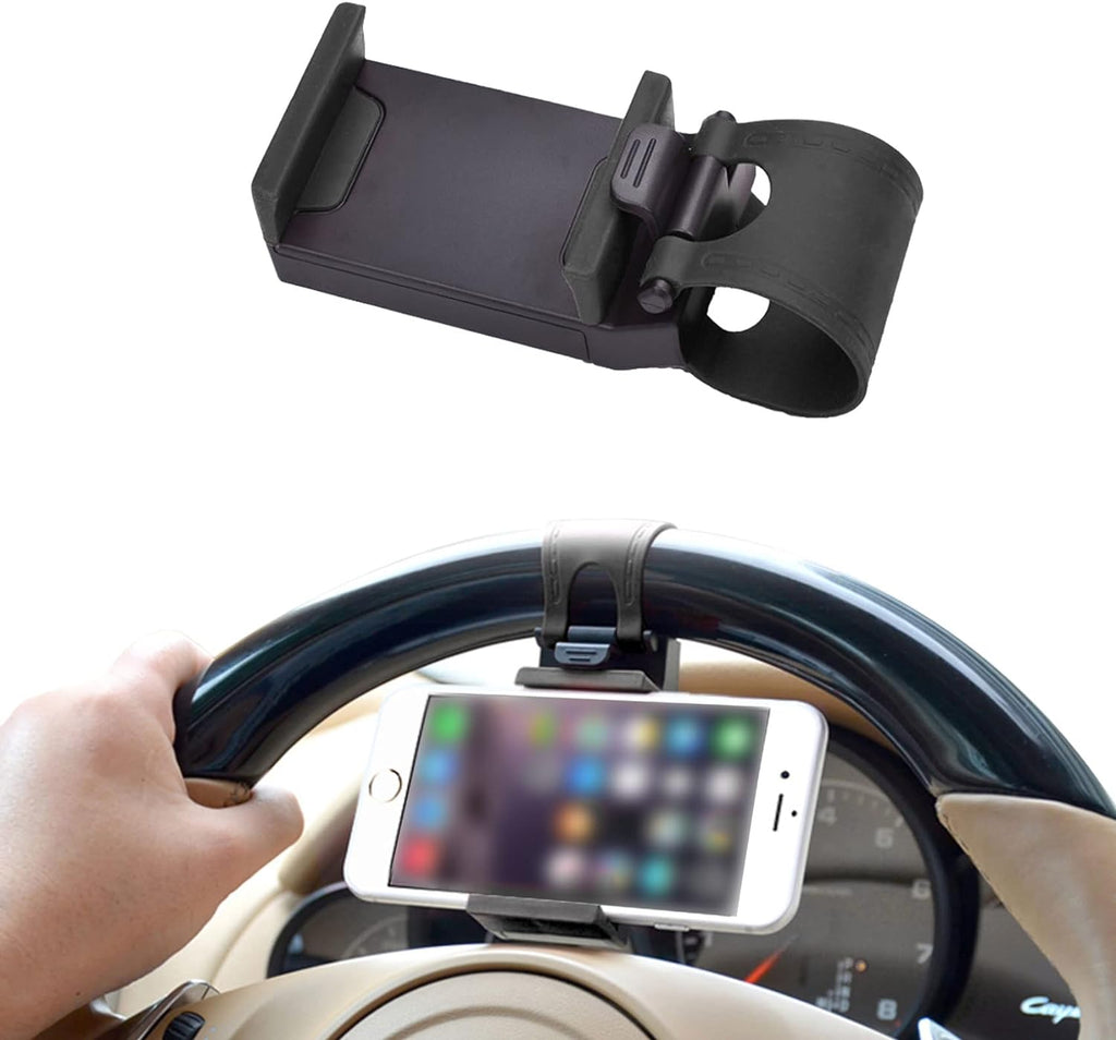 Car Phone Holder - Adjustable Car Cradle, Steering Wheel Phone Mount, Universal Mobile Phone Mount, Hands Free Automobile Cell Phone Holder for Most Steering Wheels (Black)